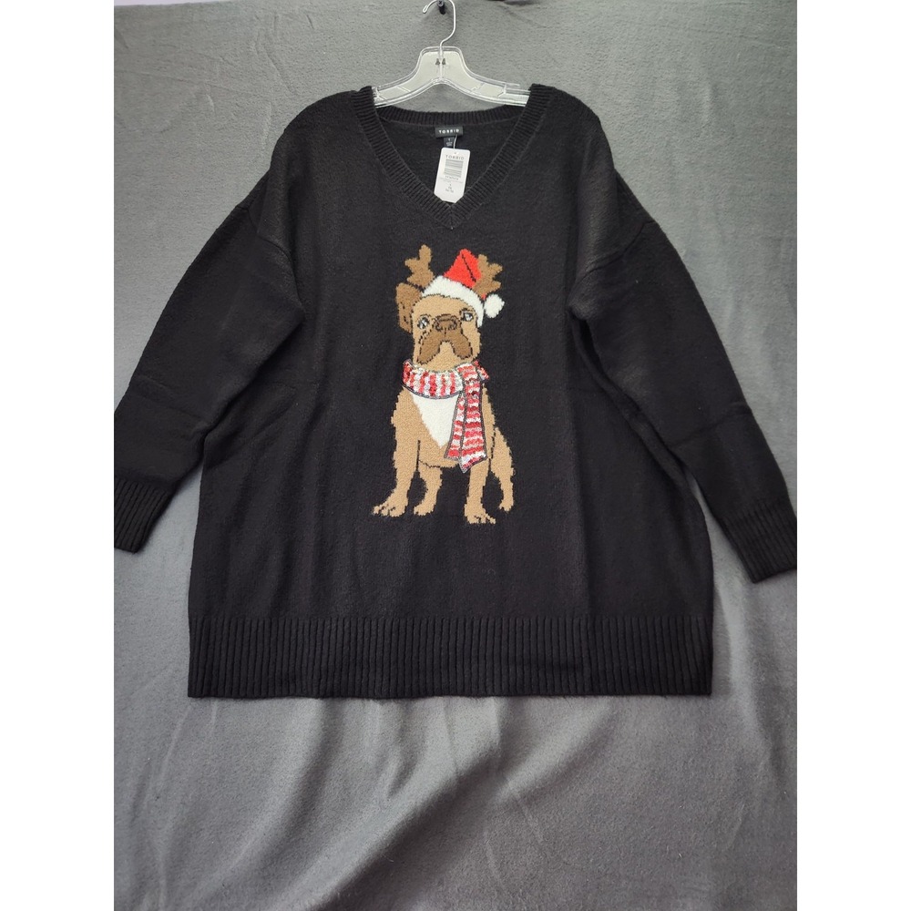 NWT Torrid 1 Black Frenchie Dog Christmas V-Neck Pullover Tunic Sweater 1X 14 16